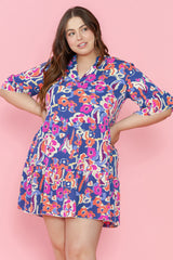 Blue mini-ruffle with ruffle and 3/4 sleeves with large floral print