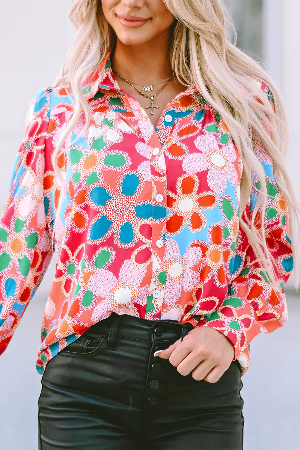 Camicia manica a bolle a stampa floreale multicolore