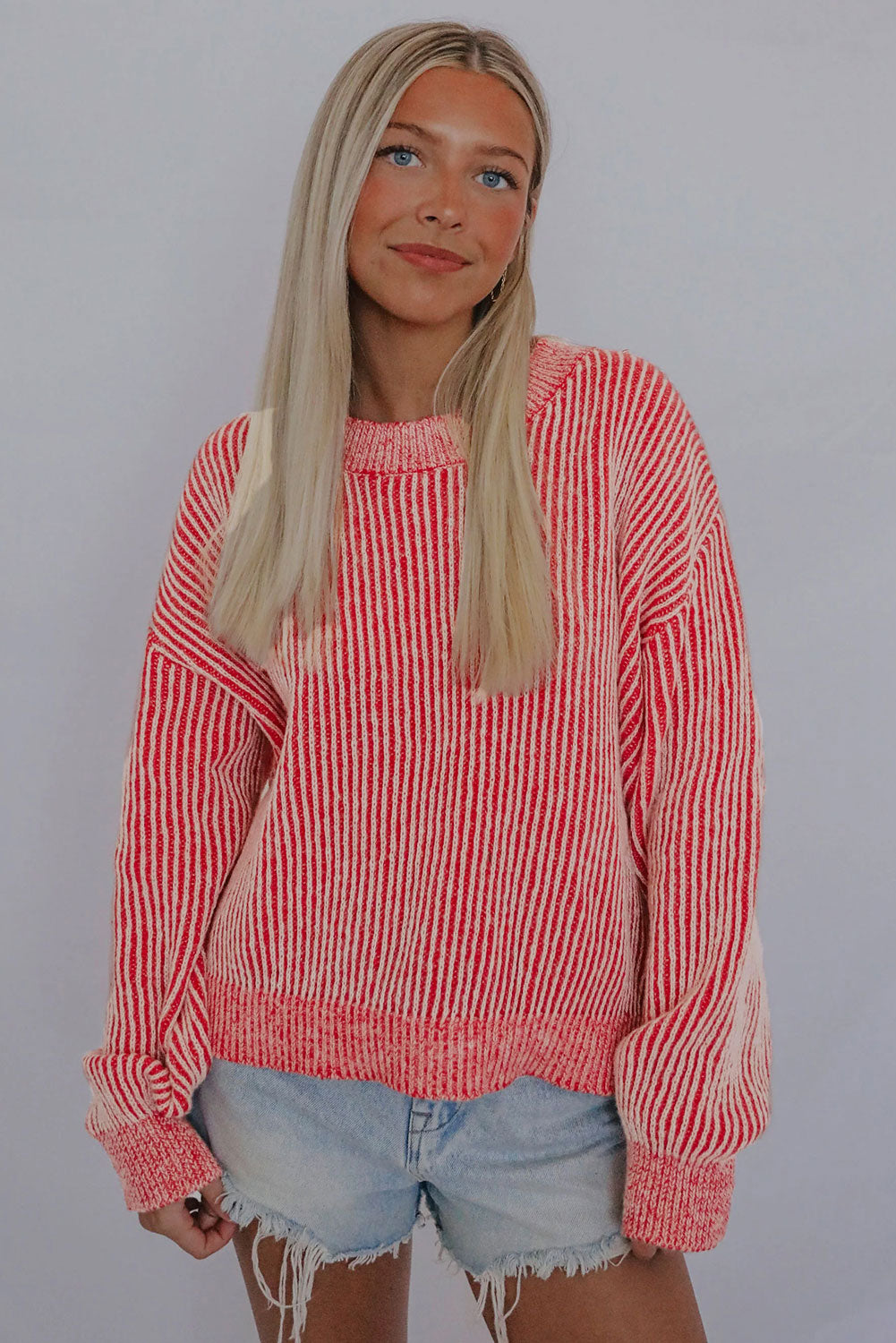 Striped Print Ribbed Crew Neck Sweater