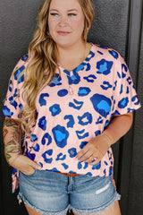 Camiseta de estampado de leopardo rosa de gran tamaño con collar de cuello en V