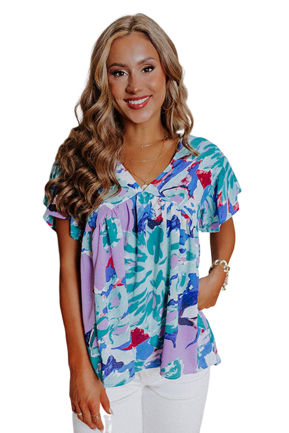 Sky Blue Abstract Print V Neck Flutter manga Blusa