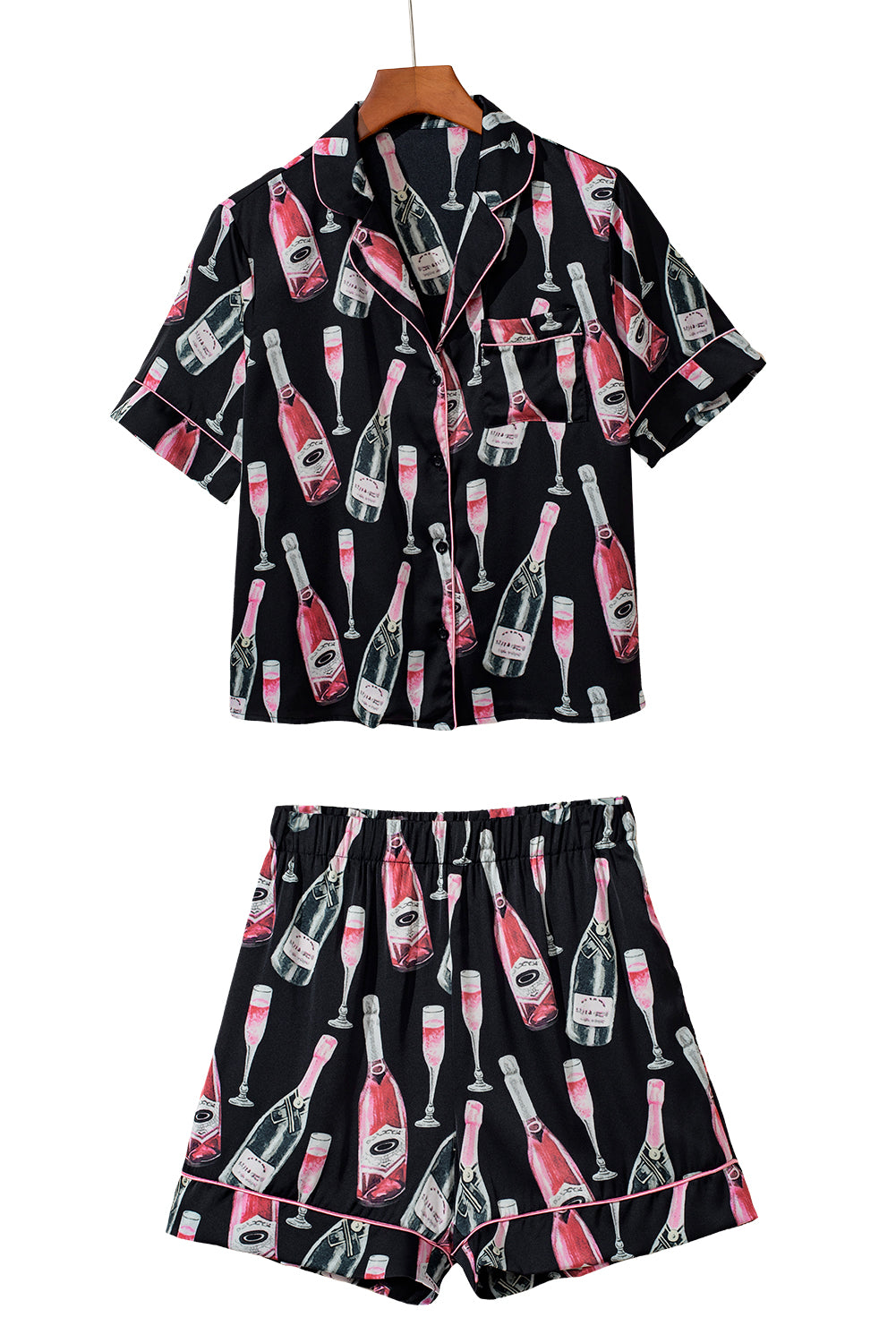 Ensemble de pyjama soyeux à manches courtes et imprimé champagne noir-A WOMAN WE LOVE
