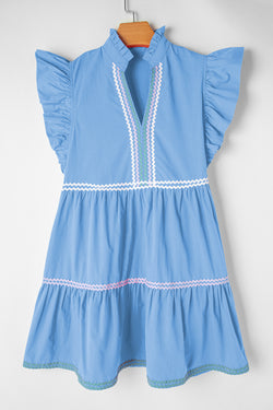 Ric Rac Beau Blue Color Block V-Neck Tiered Dress with Flutter Sleeves