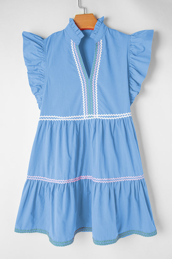 Ric Rac Beau Blue Color Block V-Neck Tiered Dress with Flutter Sleeves