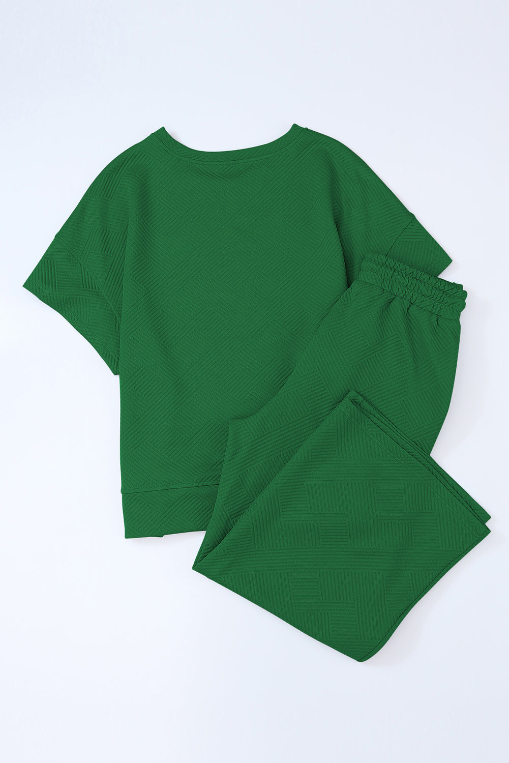 Dark Green Textured Loose Fit T-Shirt and Drawstring Pants Set