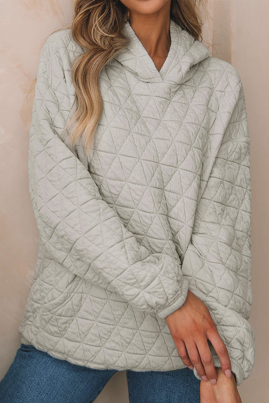 Light Grey Solid Color Quilted Kangaroo Pocket Hoodie