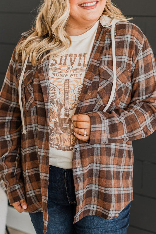 BROWN PLAID PLAID Contrast Button Up Giacca con cappuccio