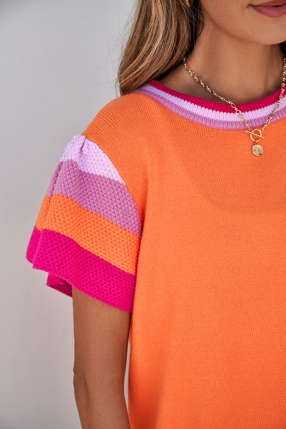 Carrot Contrast Flutter Sleeves Knitted Sweater T Shirt