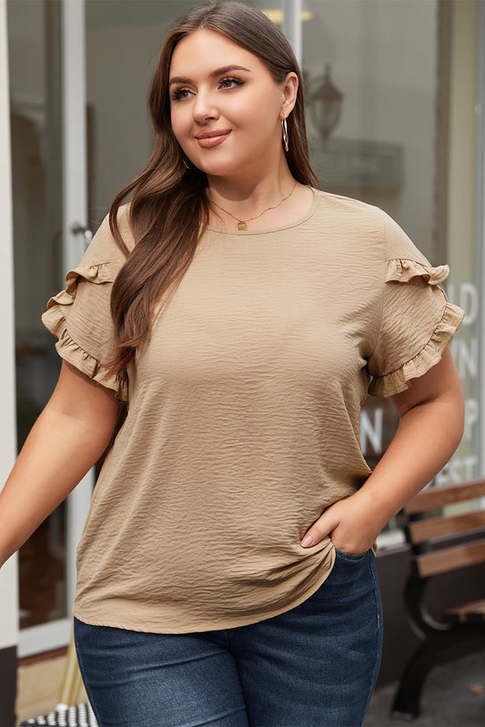 Light beige French top with short sleeves and ruffles, plus size