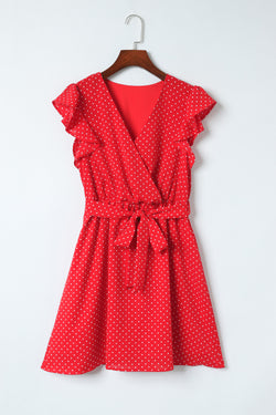 Bright red polka dot dress, V-neck, ruffled sleeves