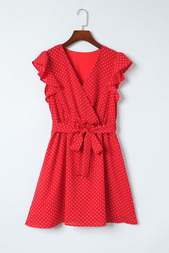 Robe rouge vif à pois, col en V, manches à volants