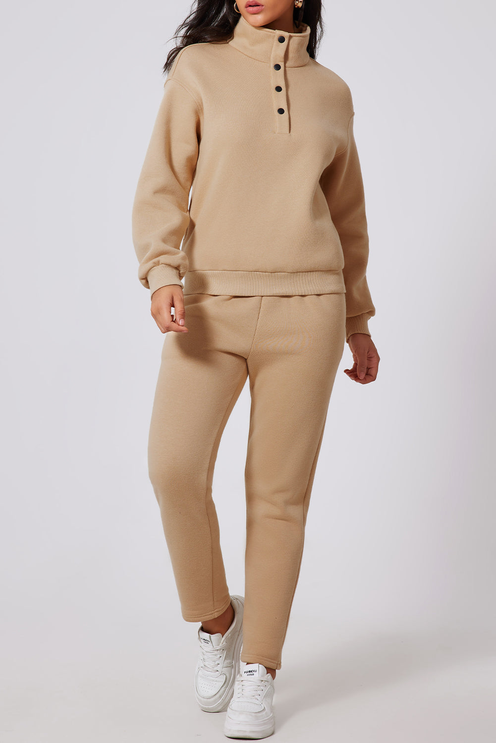 Ensemble sweat-shirt demi-bouton uni Parchment et pantalon de survêtement taille haute