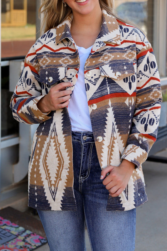 Oversized buttoned jacket with multi-colored Aztec print