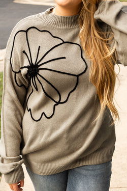 Plus size dark khaki sweater with large flower pattern, high neck, dropped shoulders