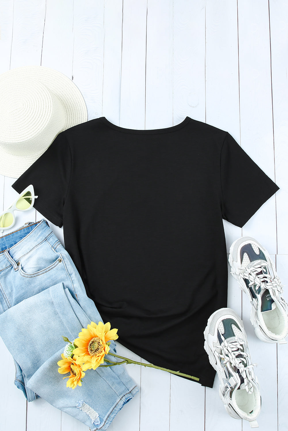 Camiseta de algodón mezclada con cuello redondo negro