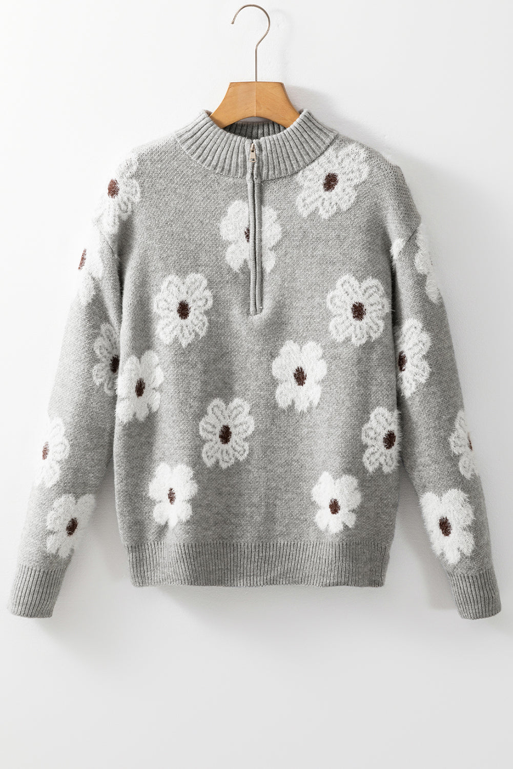 Pull gris à motif floral avec demi-zip et épaules tombantes