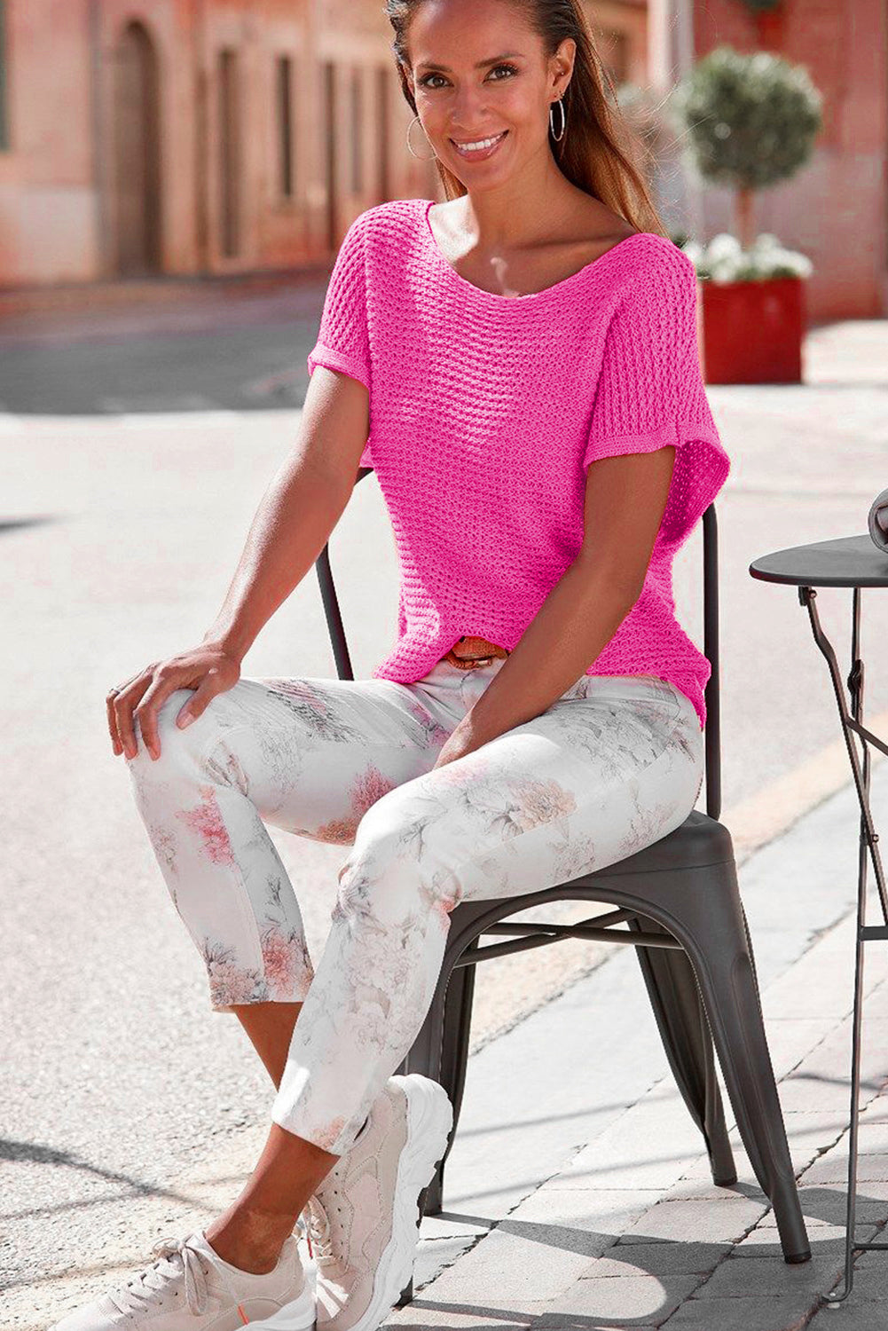 Pull rose uni à manches courtes en tricot ample et dolman
