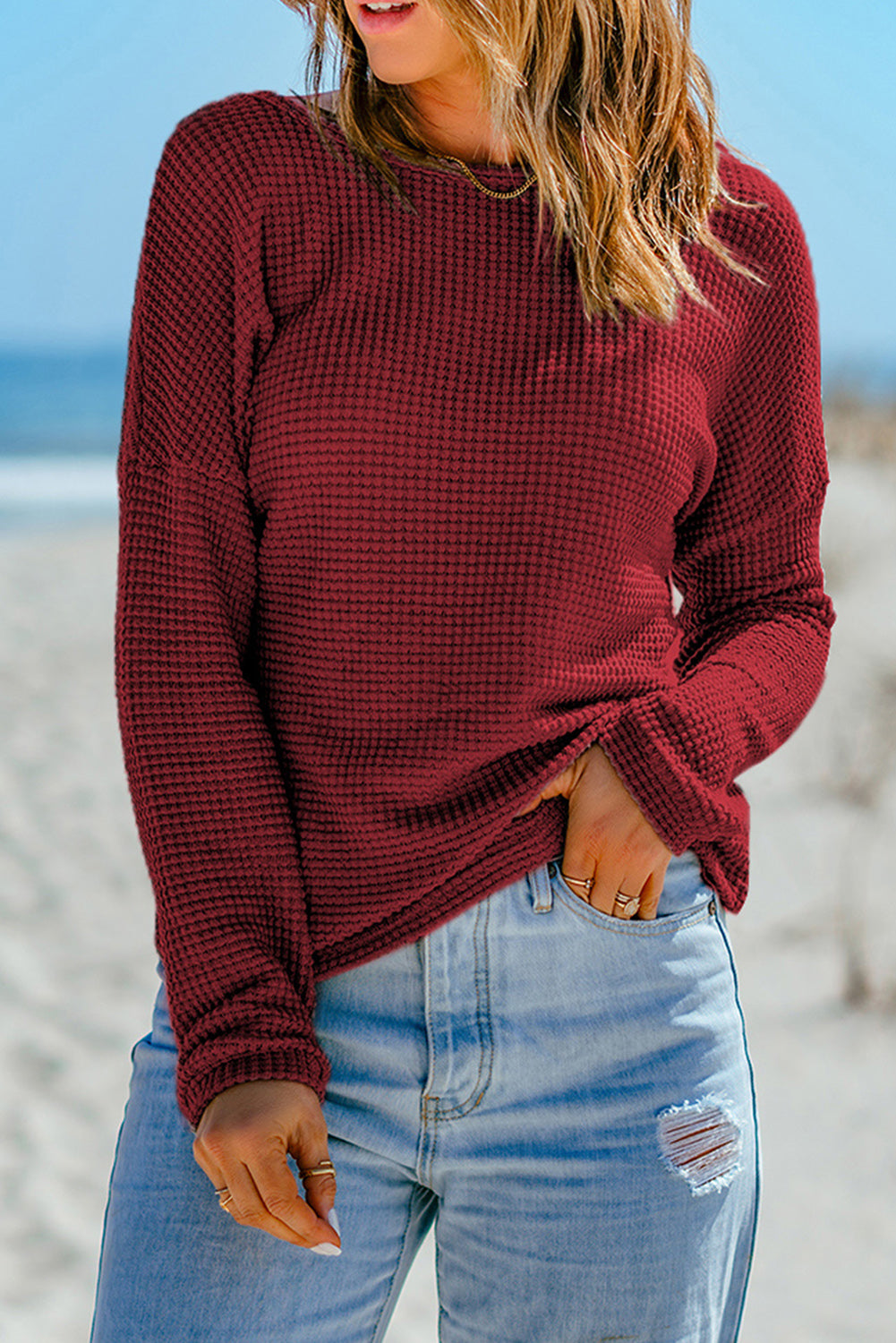 Haut à manches longues en tricot gaufré rouge vif