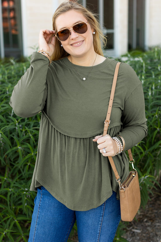 Mist Green Plus Size Knitted Thermal Babydoll Flare Top