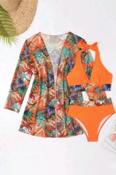 Carrot Bikini set bare back with 3-room tropical contrasting border with cache-maillot