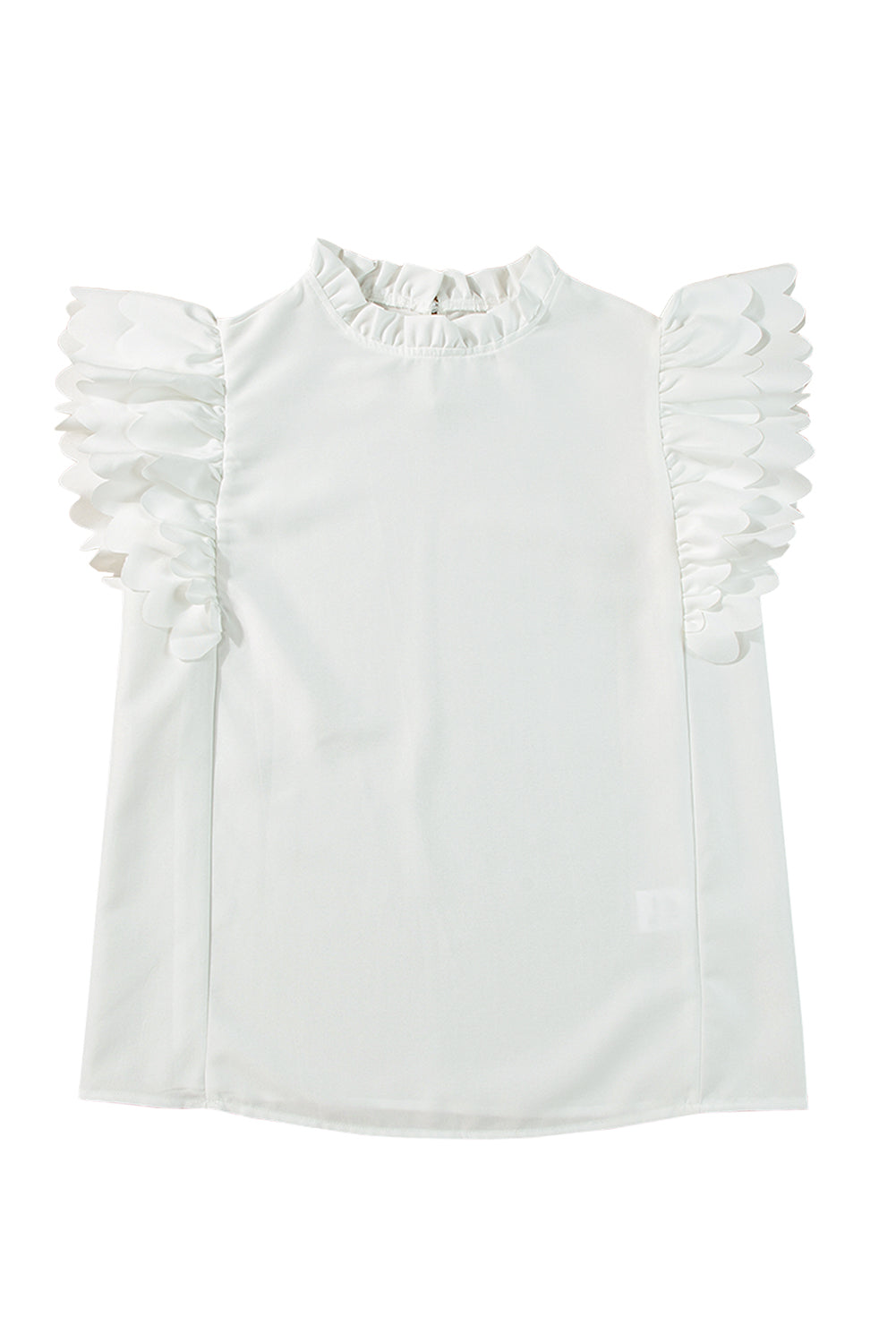 White Solid Color Scalloped Ruffle Sleeve Top