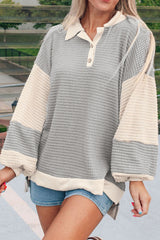 Khaki Textured Henley Top with Color Block Collar