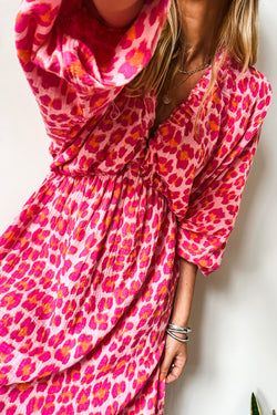 Pink Leopard Print Elasticated V-Neck Dress with 3/4 Puff Sleeves