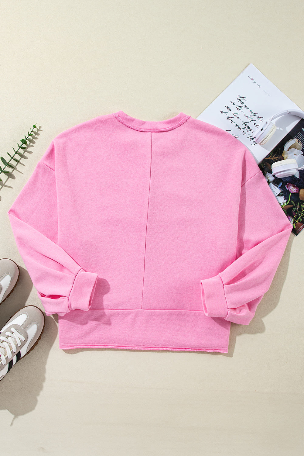 Sweat-shirt ample à encolure boutonnée de couleur unie rose Sachet