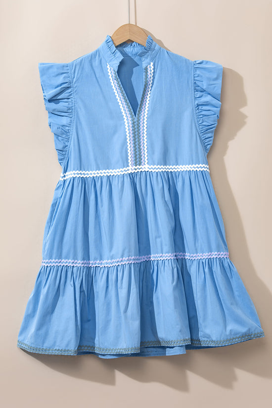 Ric Rac Beau Blue Color Block V-Neck Tiered Dress with Flutter Sleeves