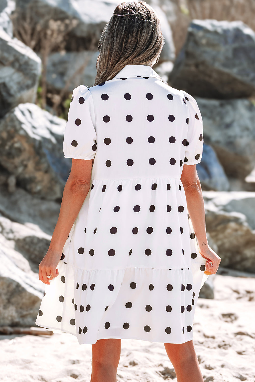 White Babydoll dress with polka dots and sleeve collar *