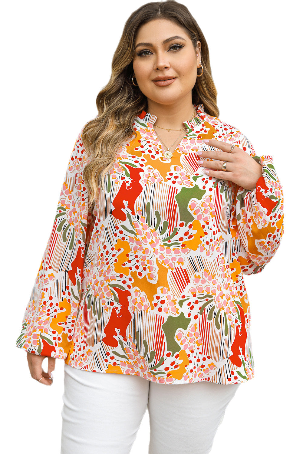 Orange gedruckte florale abstrakte druckgelente v necke plus size bluse