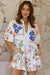 White Shirt Collar Romper with Pockets and Floral Print Split Collar