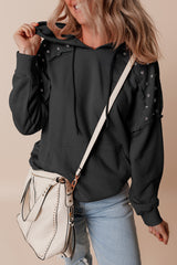 Black Raglan Sleeve Solid Color Rivets Hoodie with Pocket