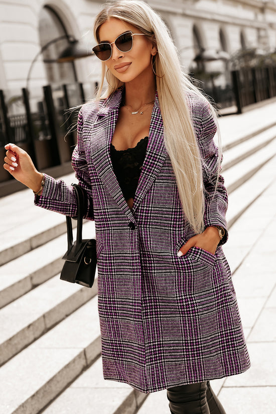 Mid-long checkered coat with a button and reverse neck