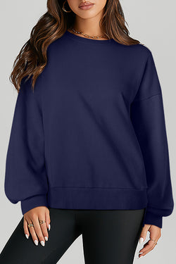 Navy Blue Solid Crew Neck Sweatshirt with High Low Hem