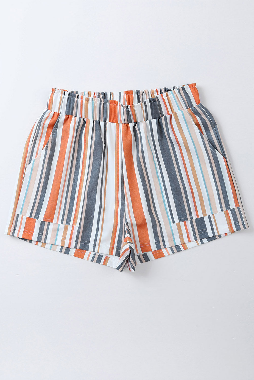 Vintage Washed Striped Casual Shorts with Ruffled Elastic Waist