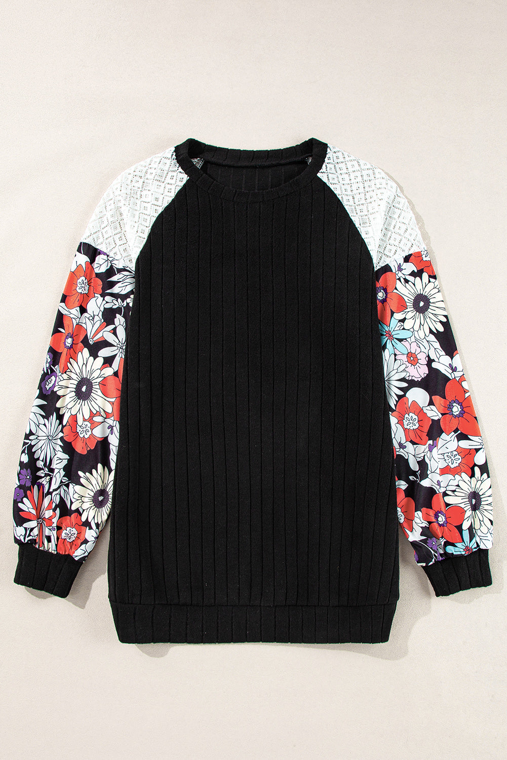 Patchwork floral negro Blusa acanalada de manga larga