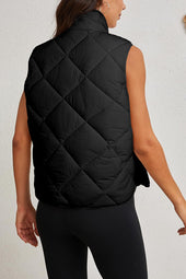 Black quilted vest coat with high collar and buttoned pocket