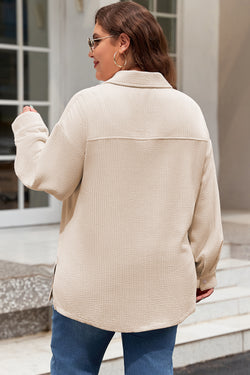 Plus Size Oatmeal Textured Buttoned Flap Pocket Jacket