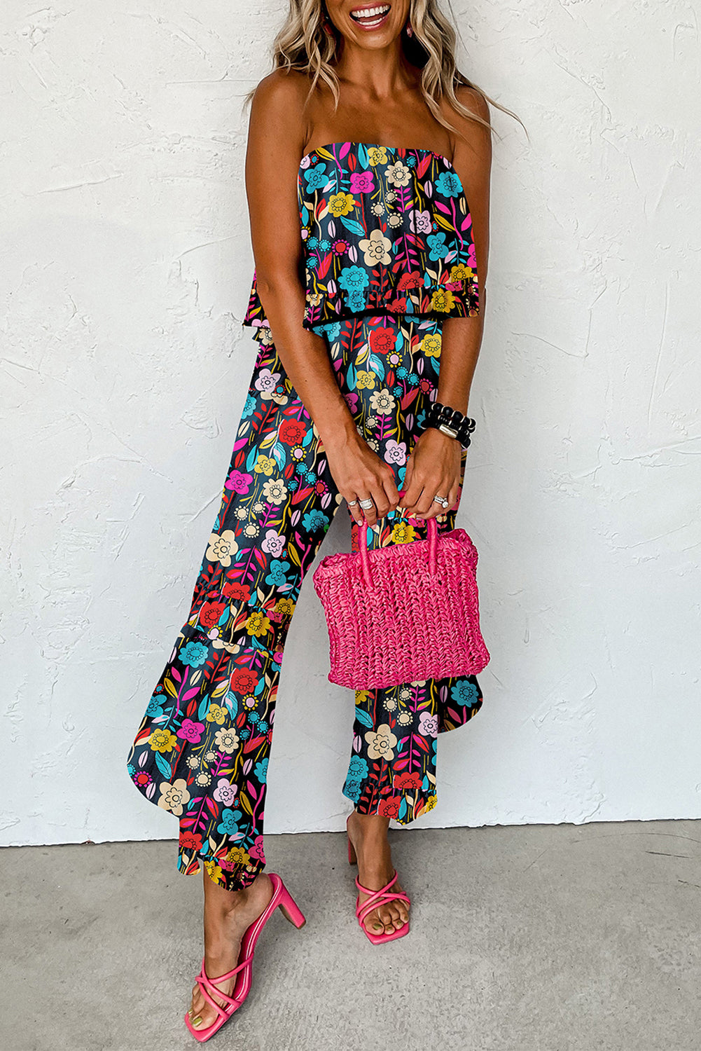 Red Mix Tropical Print trägerloser gekräuselter Jumpsuit