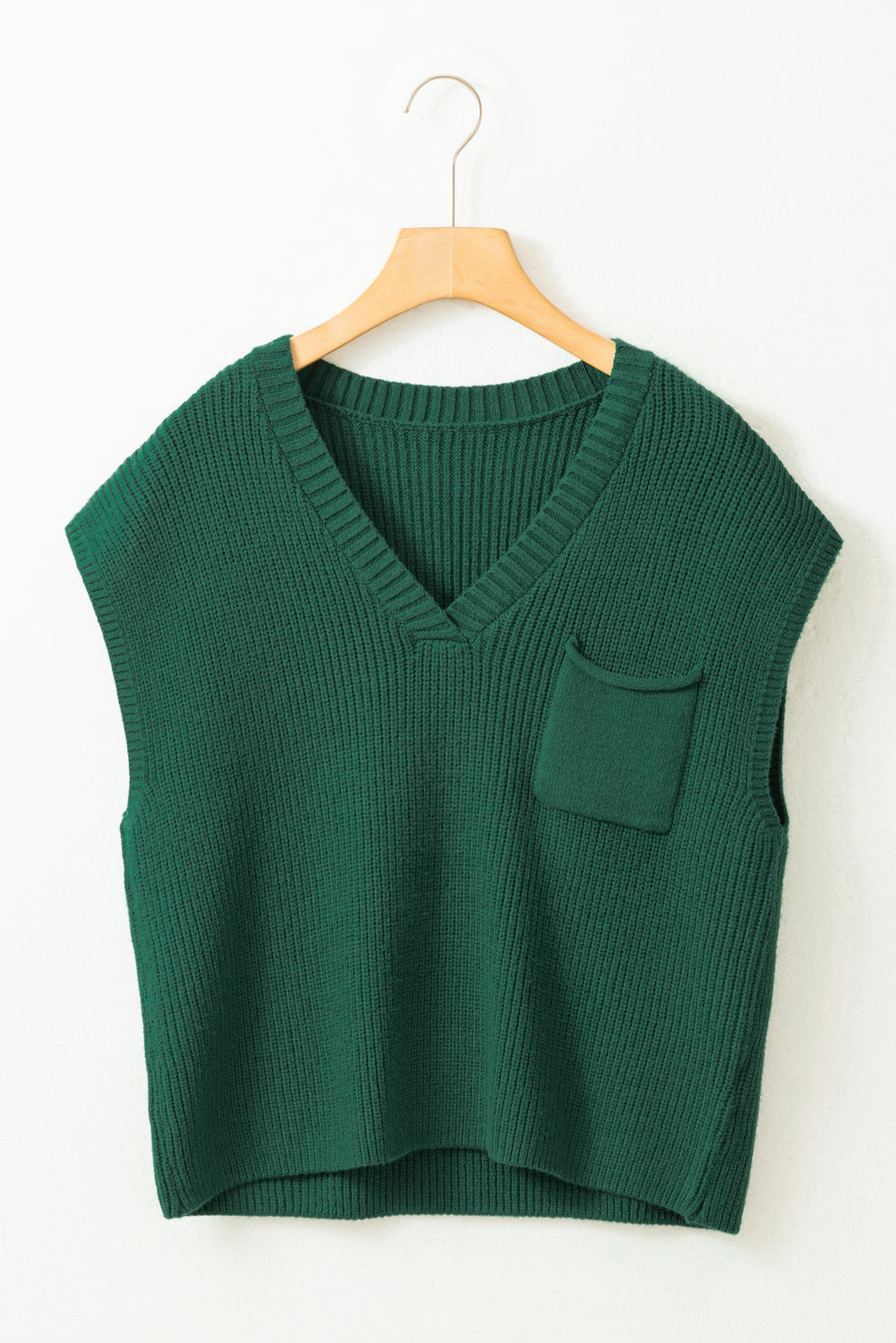 Sweater de manga de tapa acanalada de bolsillo de pecho verde negruzco v cuello