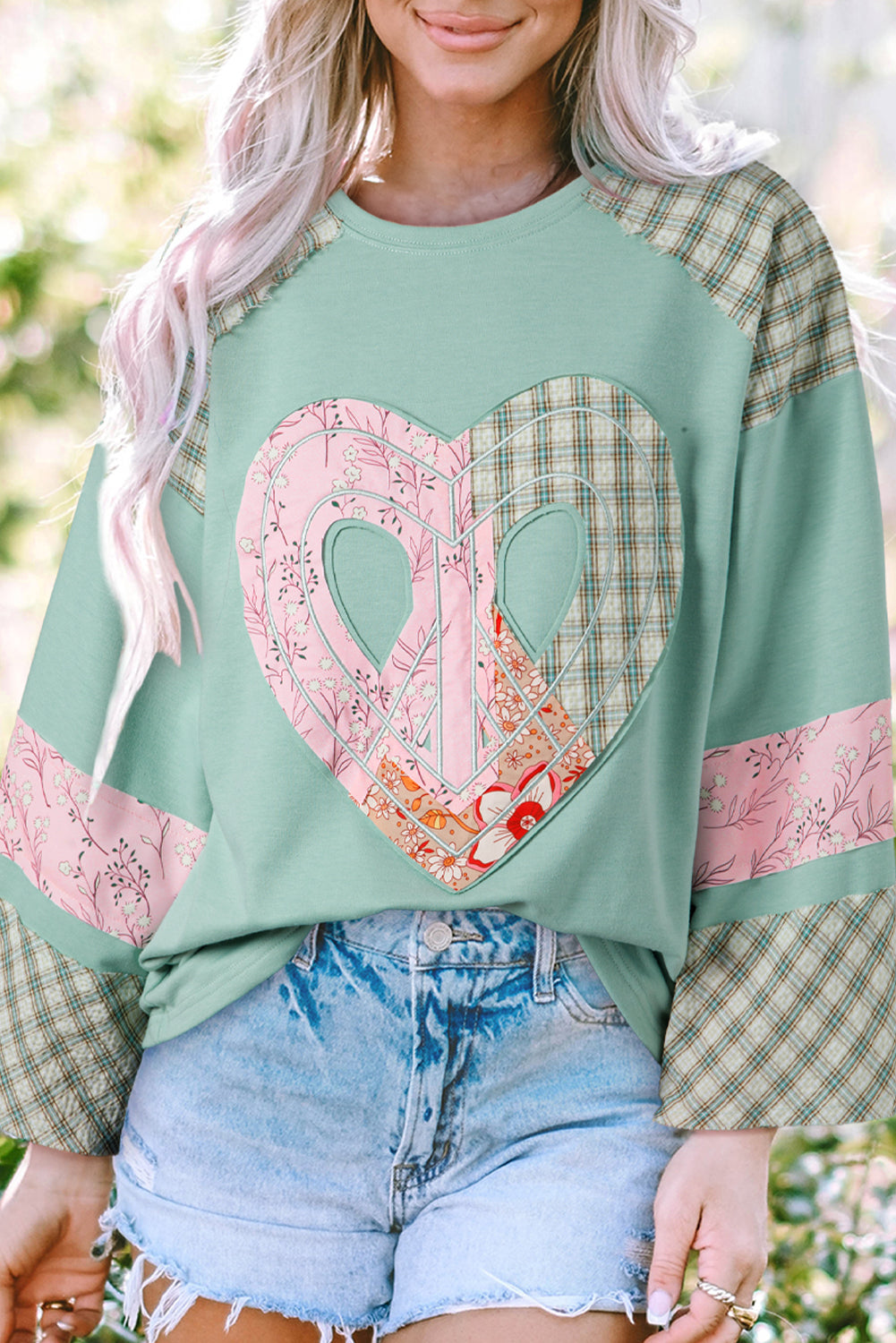 Chiaramente Aqua Plaid Floral Peace Heart Graphic Wide Long Sleeve Top