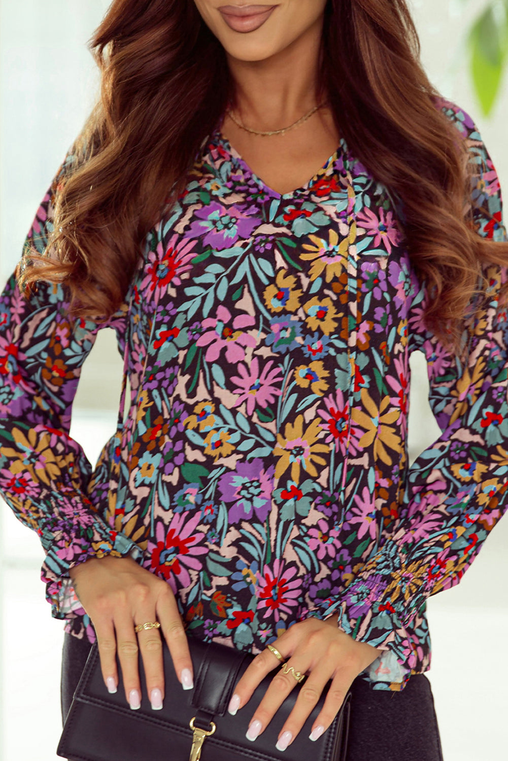 Multicolored V -collar blouse and long sleeves with ruffles and floral print