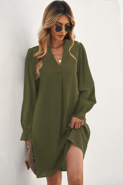 Green V-neck slit shirt dress with ruffle sleeves