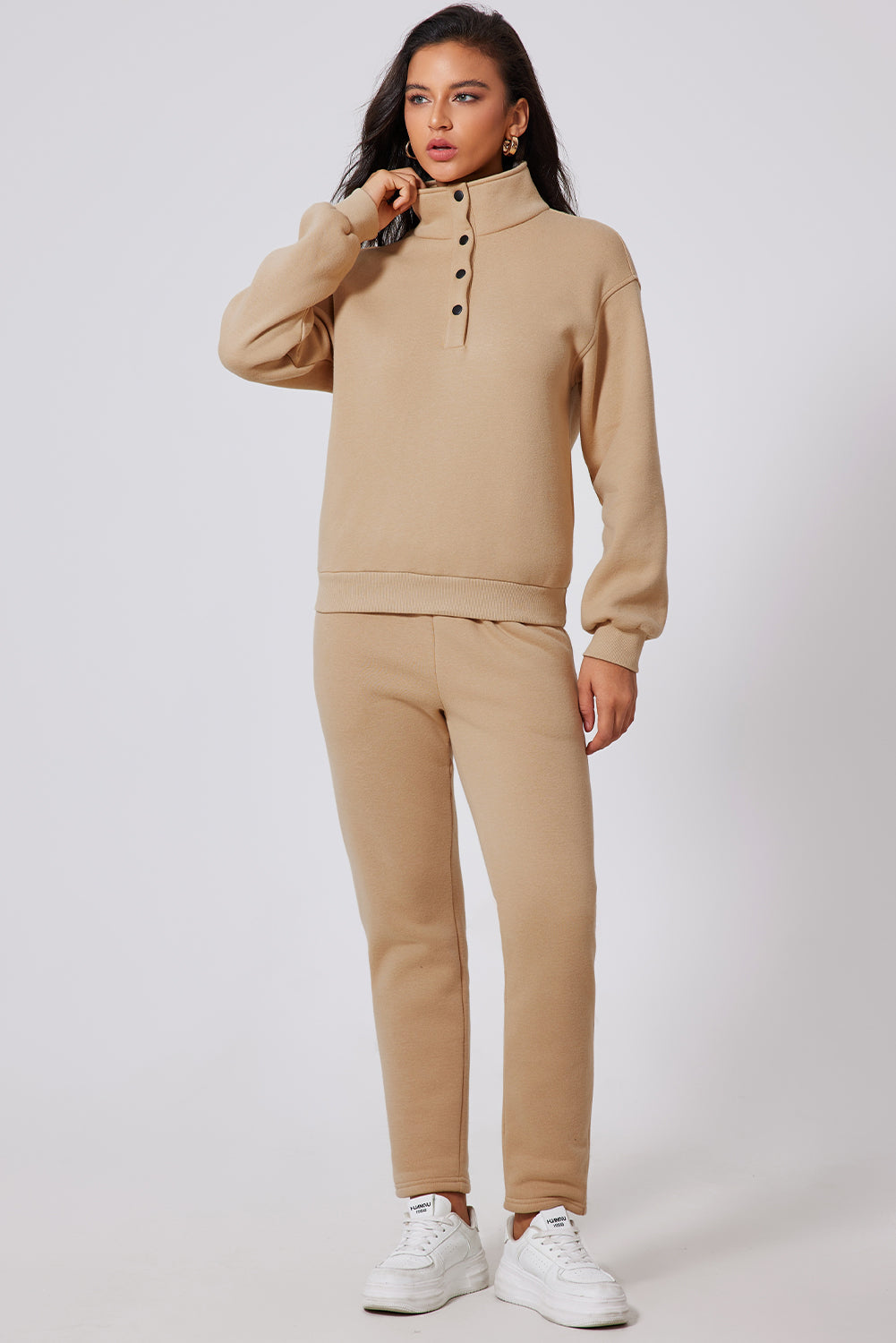 Ensemble sweat-shirt demi-bouton uni Parchment et pantalon de survêtement taille haute