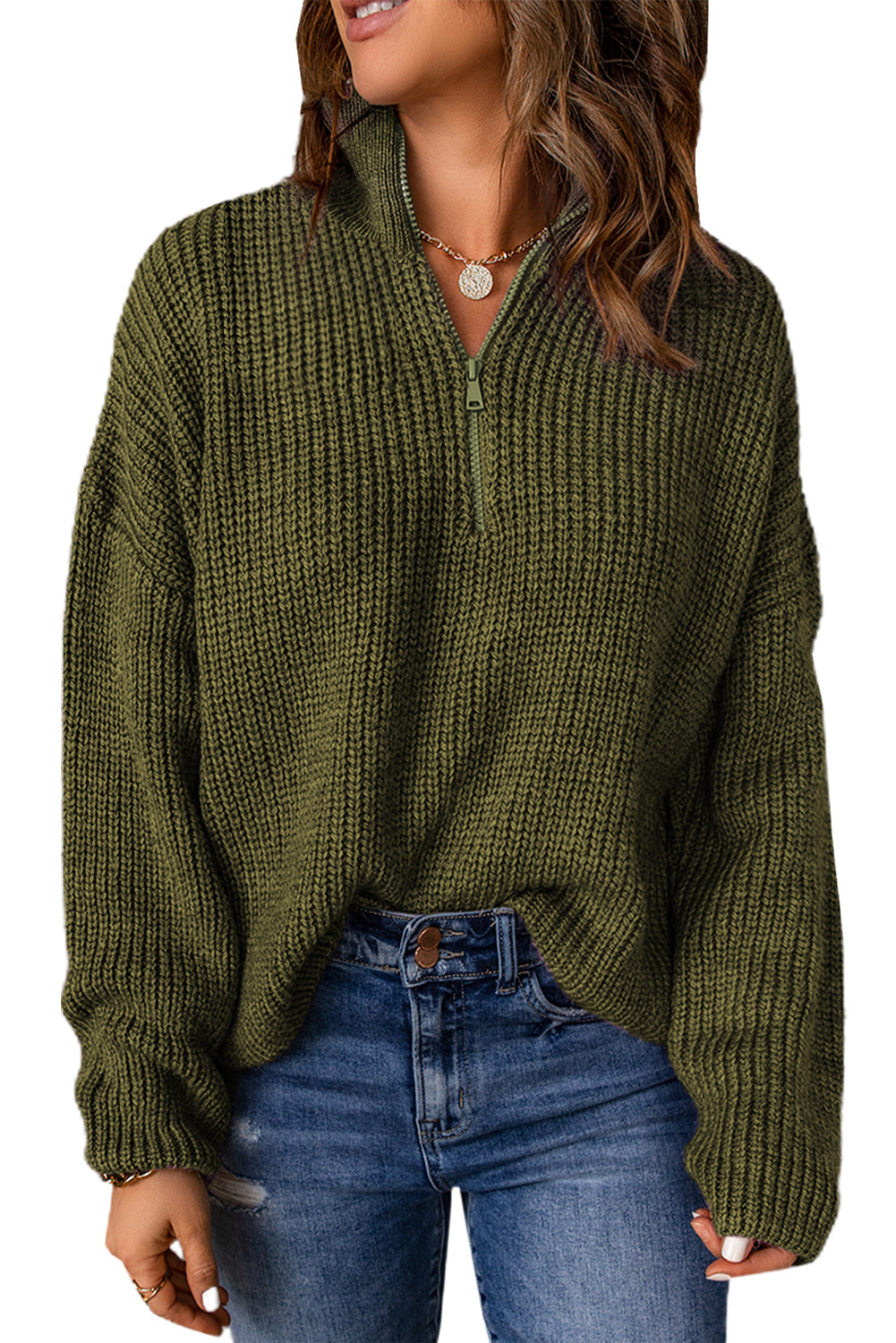 Green Zipped Turtleneck Drop Shoulder Knit Sweater