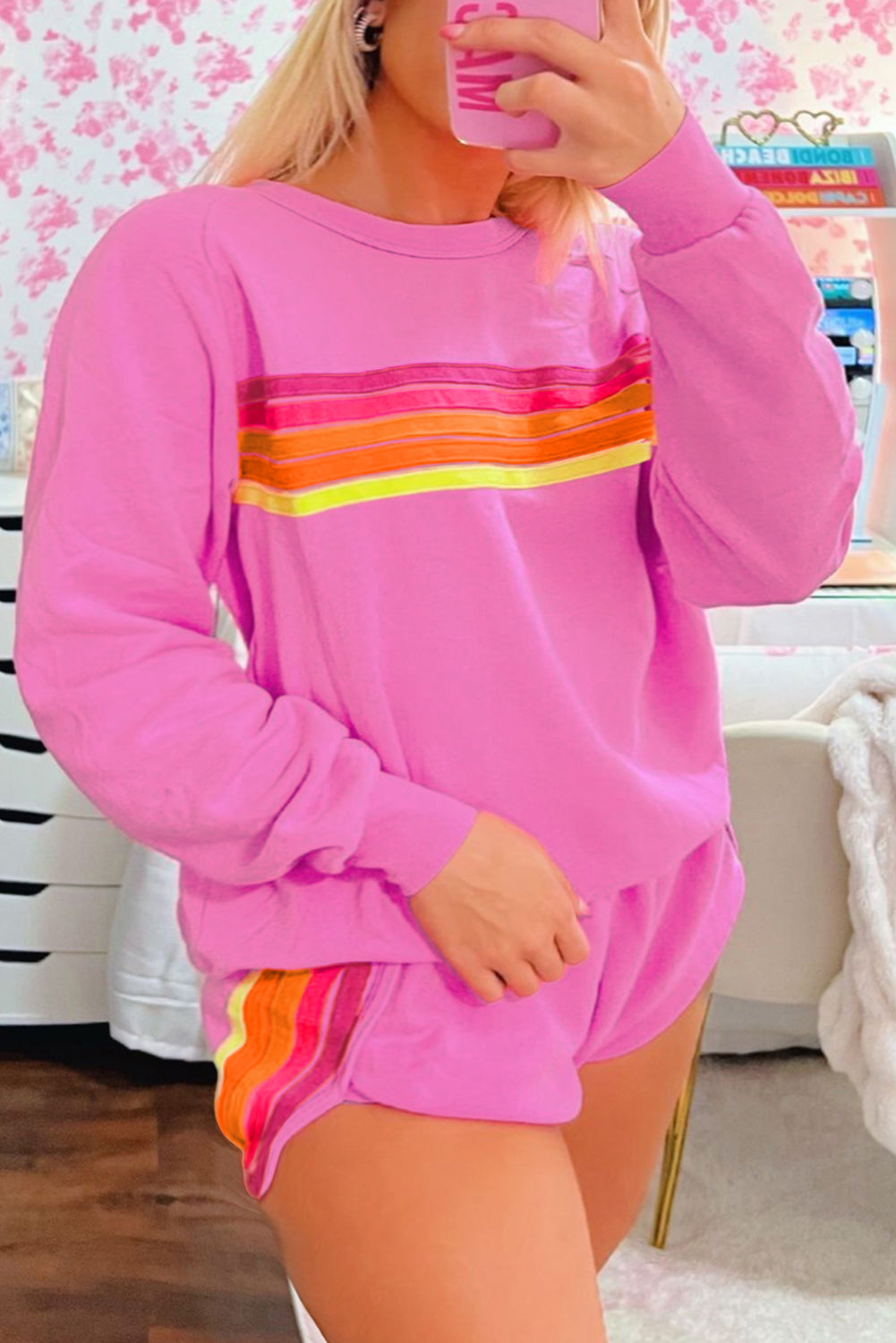 Casual Two Piece Set Candy Striped Sweater and Shorts