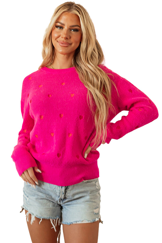 Pink Red Heart Shaped Crew Neck Drop Shoulder Sweater