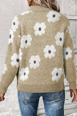 Khaki sweater with floral motif and half-zip *