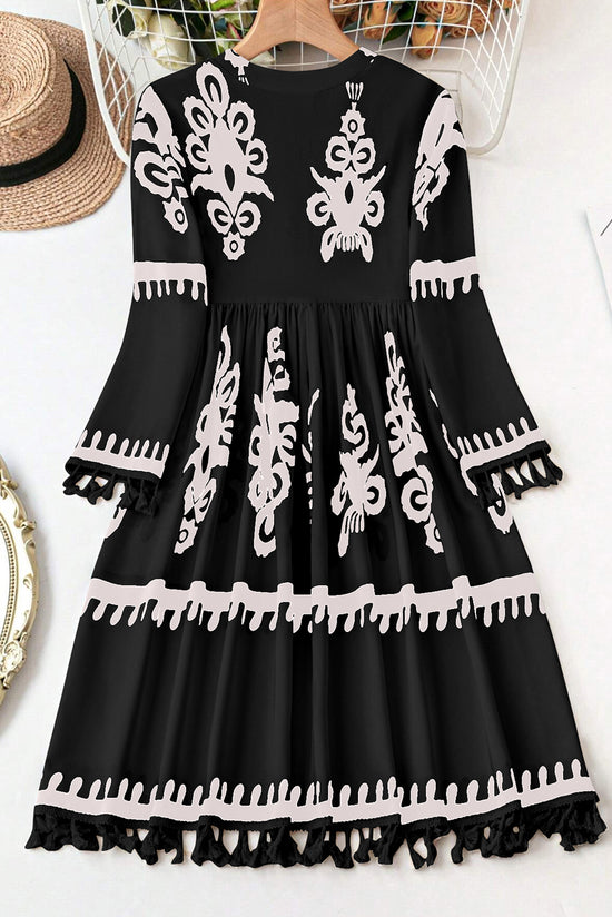 Black V -neck dress with fringes and large Western floral print